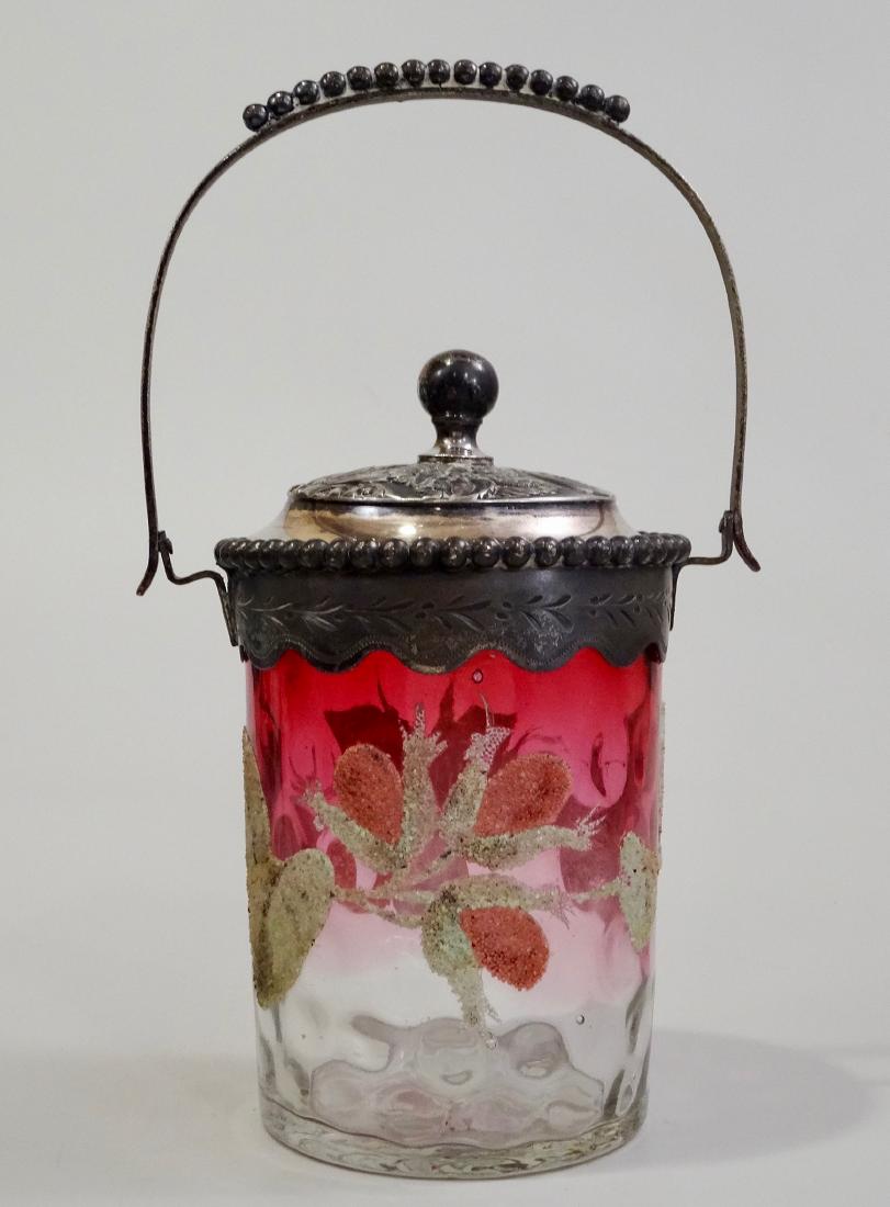 Victorian Pickle Castor Cranberry to Clear Thumbprint: Victorian Pickle Castor Cranberry to Clear Thumbprint Glass Barrell Silver Plated Mounts Approximately 3 11/16 inches in diameter x 4 5/8 inches tall without the lid, 8 9/16 inches tall overall.