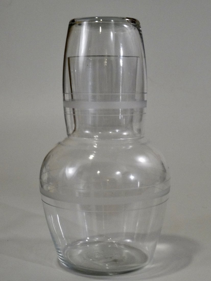Art Deco Clear Glass Bedside Water Carafe and Glass: Art Deco Clear Glass Bedside Water Carafe and Glass Night Set Approximately 7 inches tall.