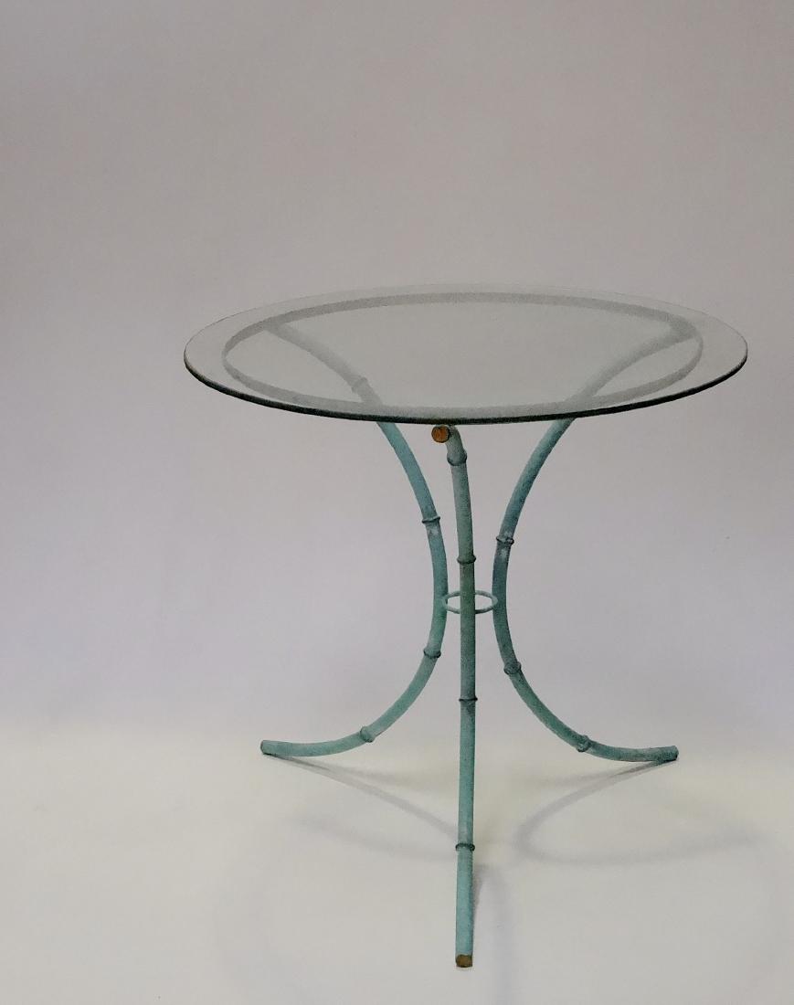 Mid Century Metal Faux Bamboo Minimalist Round Side Tab: Mid Century Metal Faux Bamboo Minimalist Round Side Table Glass Top Turquoise Shabby Painted Approximately 17 9/16 x 18 1/4 inches in diameter.