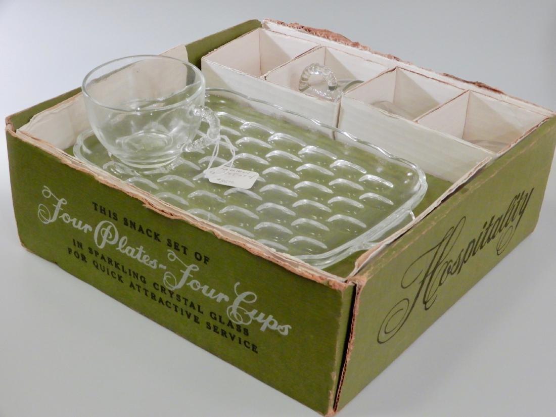 Vintage Mid Century 8pc Pressed Glass Luncheon Set: Vintage Mid Century 8pc Pressed Glass Luncheon Set Plates are approximately 10 1/2 x 6 11/16 inches; cups are 2 1/8 inches tall and 3 1/4 inches in diameter.