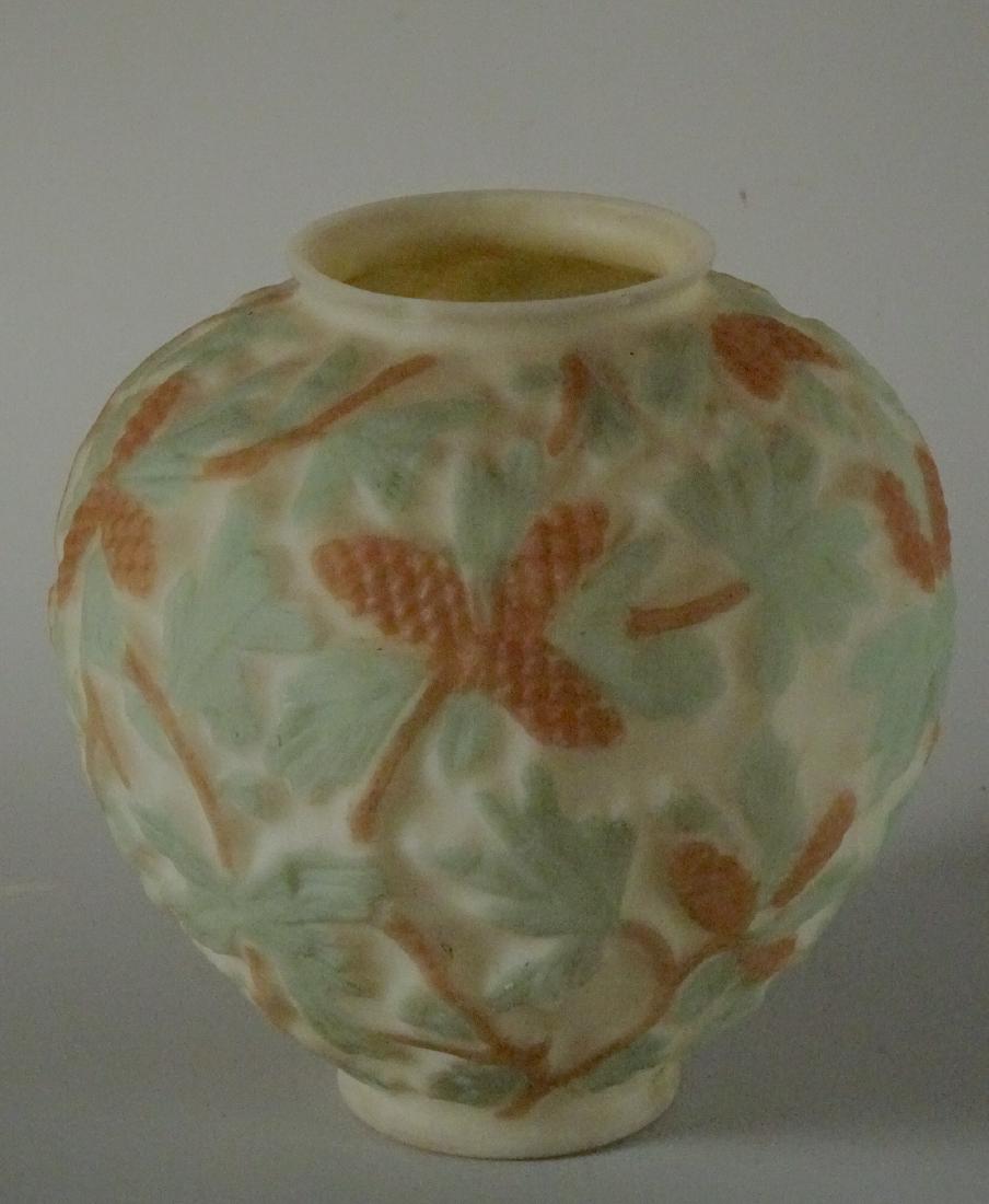 Phoenix Custard Glass Embossed Pinecones Reuben Line: Phoenix Custard Glass Embossed Pinecones Reuben Line Vase Consolidated Glass Co. c1934 6 1/2 inches tall 6 3/8 inches in diameter.