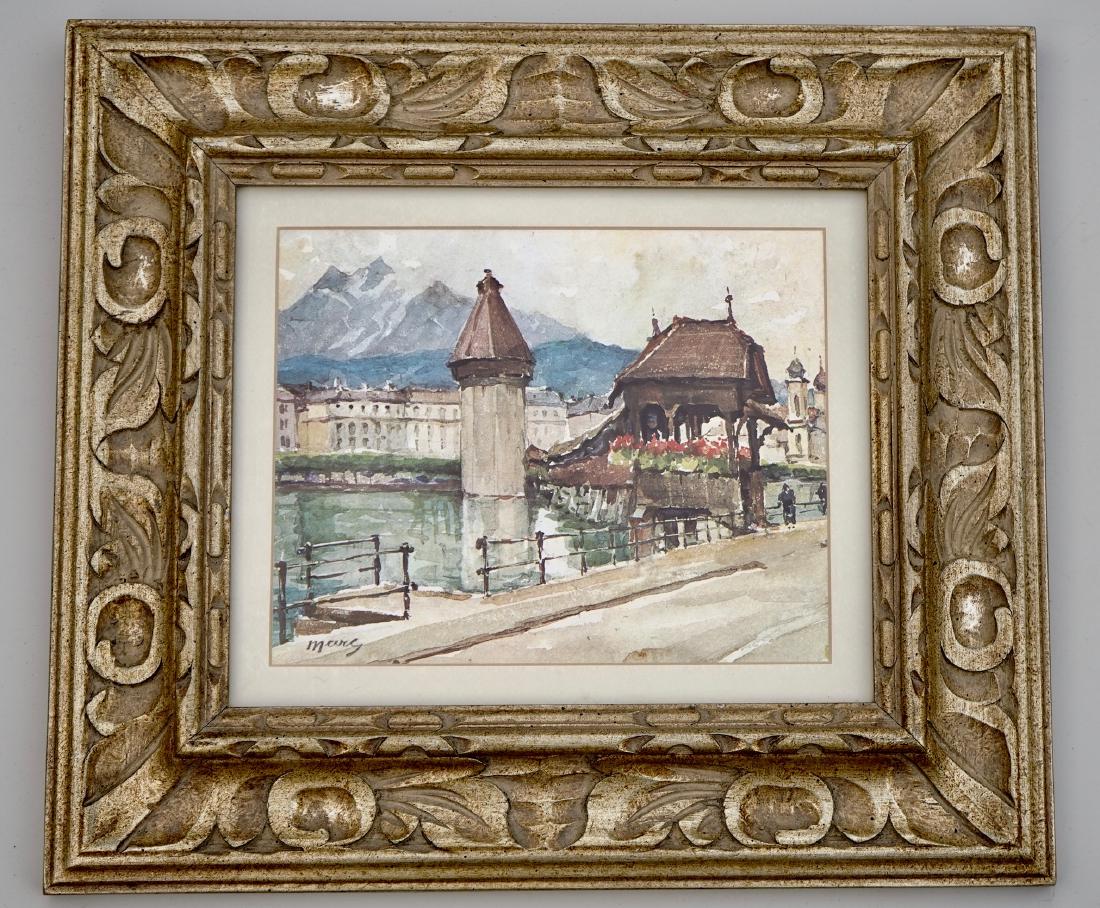 Alpine Lake View Signed Watercolor Carved Silvered: Alpine Lake View Signed Watercolor Carved Silvered Frame Mounted under anti-reflective glass. Approximately 9 15/16 x 8 inches;18 1/16 x 16 1/8 inches framed.