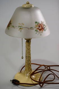 Reverse Painted Shade Art Deco Table Lamp: Reverse Painted Shade Art Deco Table Lamp Approximately 14 1/8 inches tall on 5 1/2 inches in diameter base; shade is 4 3/8 x 8 inches in diameter.