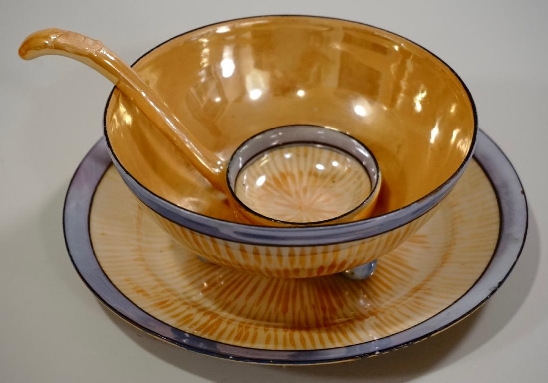 Nippon Fine Porcelain Yellow Lusterware Bowl Ladle: Nippon Fine Porcelain Yellow Lusterware Bowl Ladle Underplate Set Bowl is approximately 4 1/2 inches in diameter x 2 inches tall; underplate is 6 inches in diameter; spoon is 5 inches long.