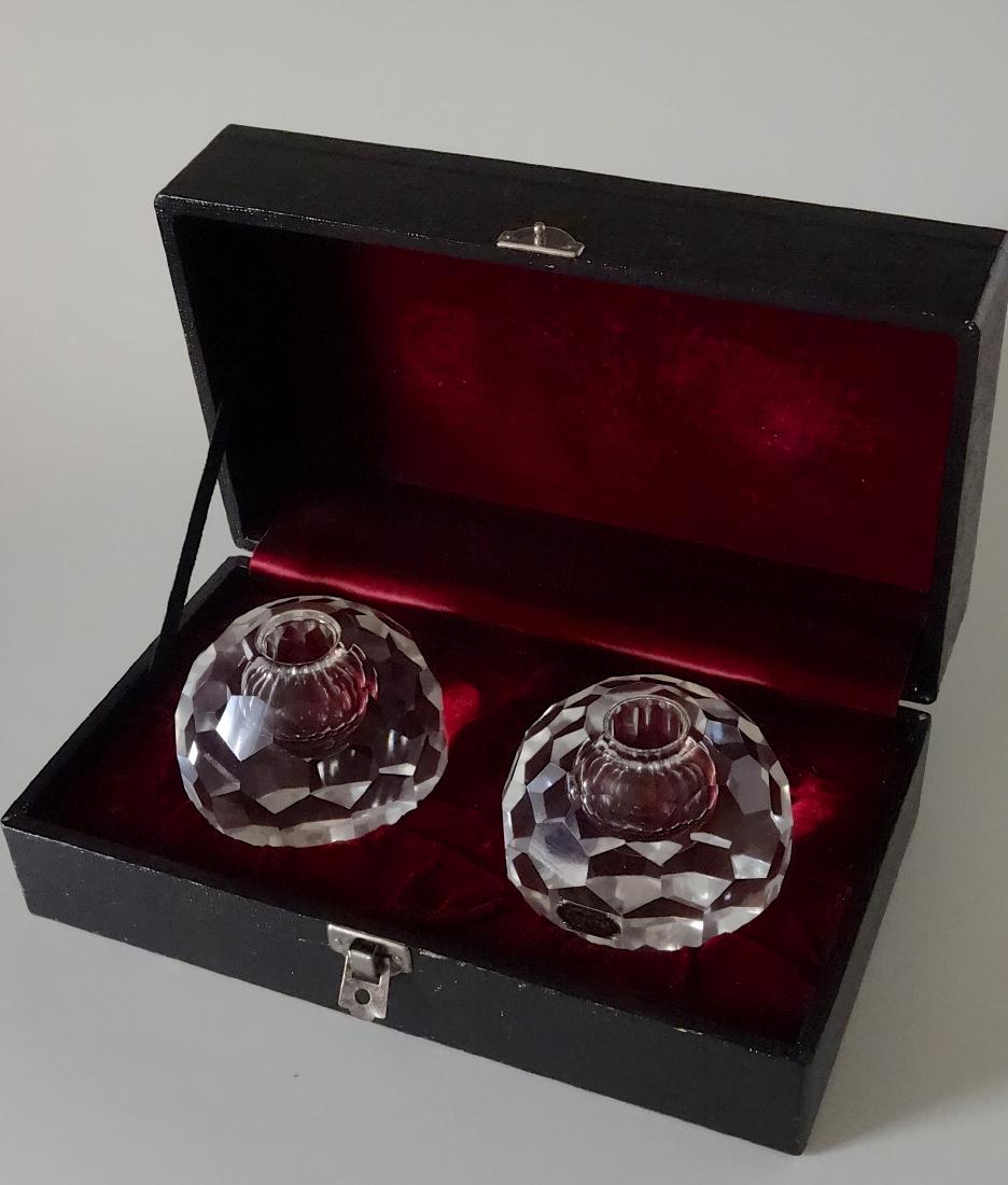 Vintage Cut Glass Honeycomb Crystal Ball Votive Candleh: Vintage Cut Glass Honeycomb Crystal Ball Votive Candleholders Paperweights Boxed Pair Approximately 3 5/16 inches in diameter and 10 x 5 11/16 x 3 5/8 inches boxed.