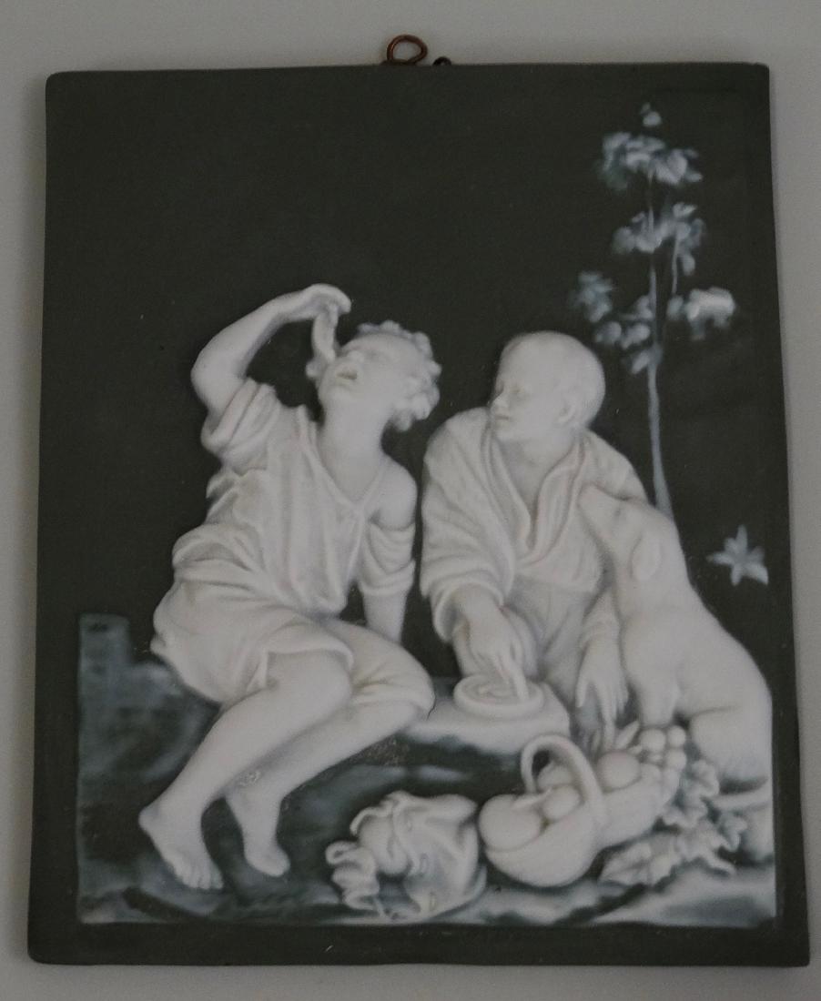 German Goebel Sage Bisque Porcelain Plaque Murillo: German Goebel Sage Bisque Porcelain Plaque Murillo Beggar Boys Eating Grapes and Melon after Bartolome Esteban Murillo Jasperware Wall Hangings Early William Goebel TMK-1 Crown Mark circa 1934/35 5 1/
