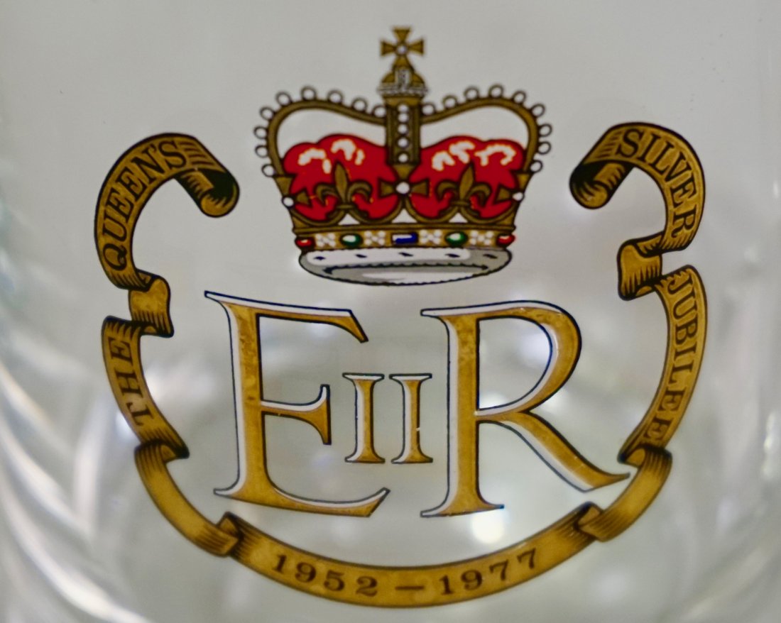 Queen Elizabeth II Silver Jubilee Clear Glass Mug: Queen Elizabeth II Silver Jubilee Clear Glass Mug Approximately 4 1/4 inches.
