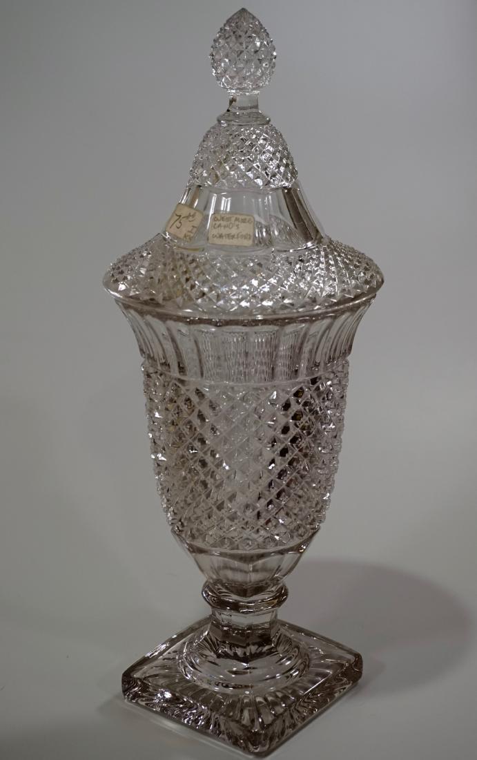 Antique Diamond Pattern Glass Lidded Vase Covered Urn: Antique Diamond Pattern Glass Lidded Vase Covered Urn Original Antique Store Label is more than 60 years old. Approximately 15 inches tall overall; 9 5/8 inches tall without the cover.