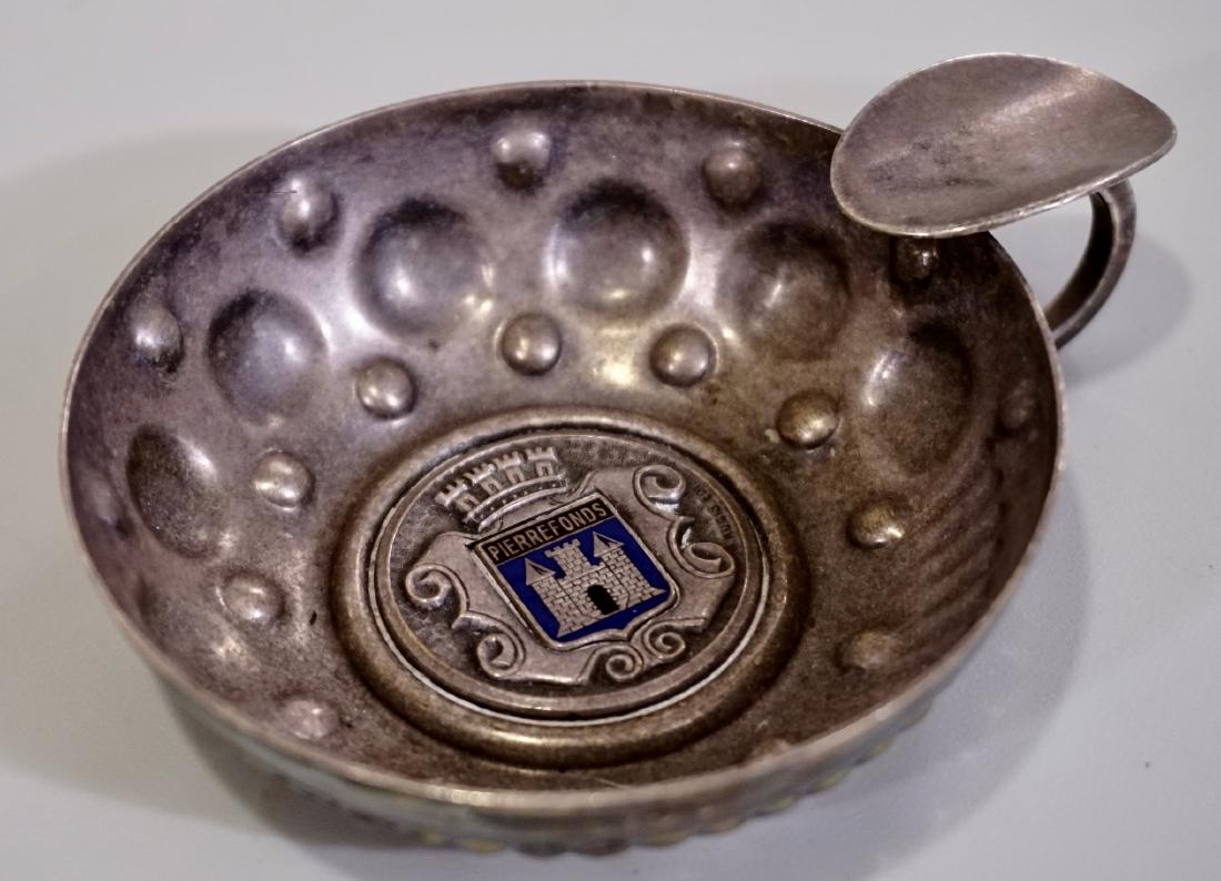 Vintage Ashtray Chateau de Pierrefonds Tastevin Silver: Vintage Ashtray Chateau de Pierrefonds Tastevin Silver Plated Enameled shaped as a Wine Taster bowl Souvenir from Picardy France Approximately 3 13/16 x 2 15/16 inches.