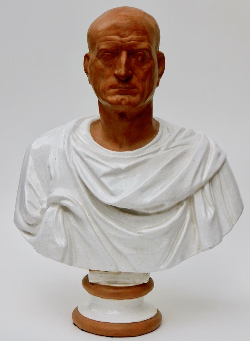 Large Lifesize Roman Style Bust Italian Glazed: Large Lifesize Roman Style Bust Italian Glazed Terracotta Head of a Bald Man with Wrinkled Jowls and Dimpled Chin raised on Turned Socle Approximately 20 x 12 x 29 1/2 inches tall.