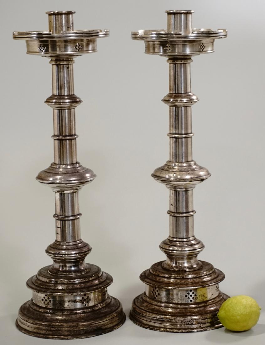 Large Altar Church Candlesticks Pair Gothic Silver: Large Altar Church Candlesticks Pair Gothic Silver Plated Brass Candle Holders Approximately 15 3/4 inches tall on 5 5/8 inches in diameter base.