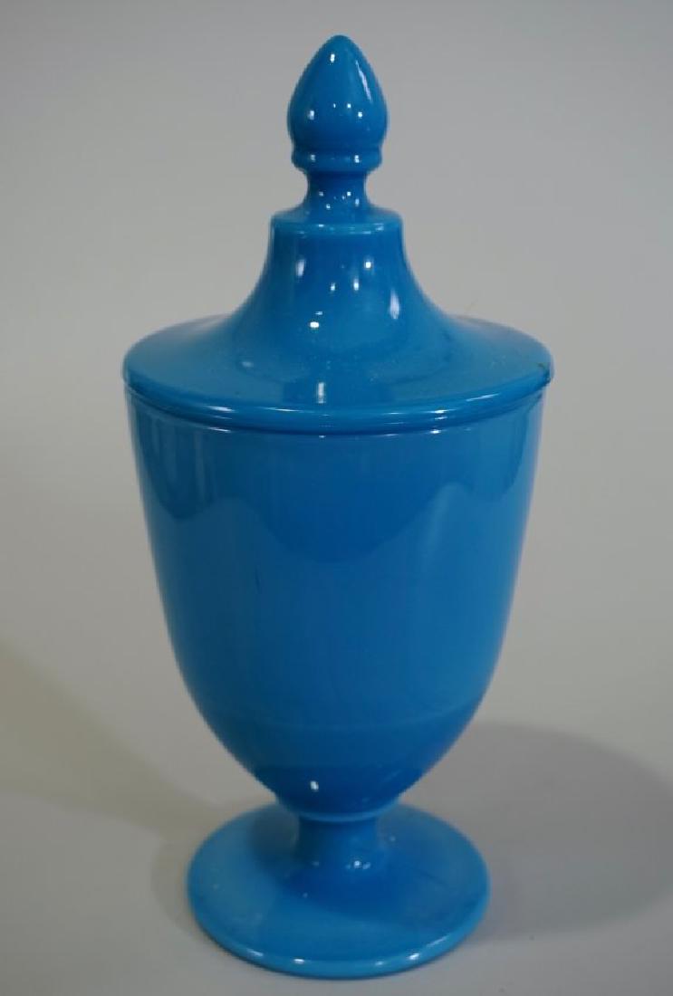 Blue Celeste Candy Jar Cambridge Azurite Art Glass: Blue Celeste Candy Jar Cambridge Azurite Art Glass Opaque Urn And Cover Celestial Blue Opaline Overall approximately 10 inches tall and 4 1/2 inches in diameter.