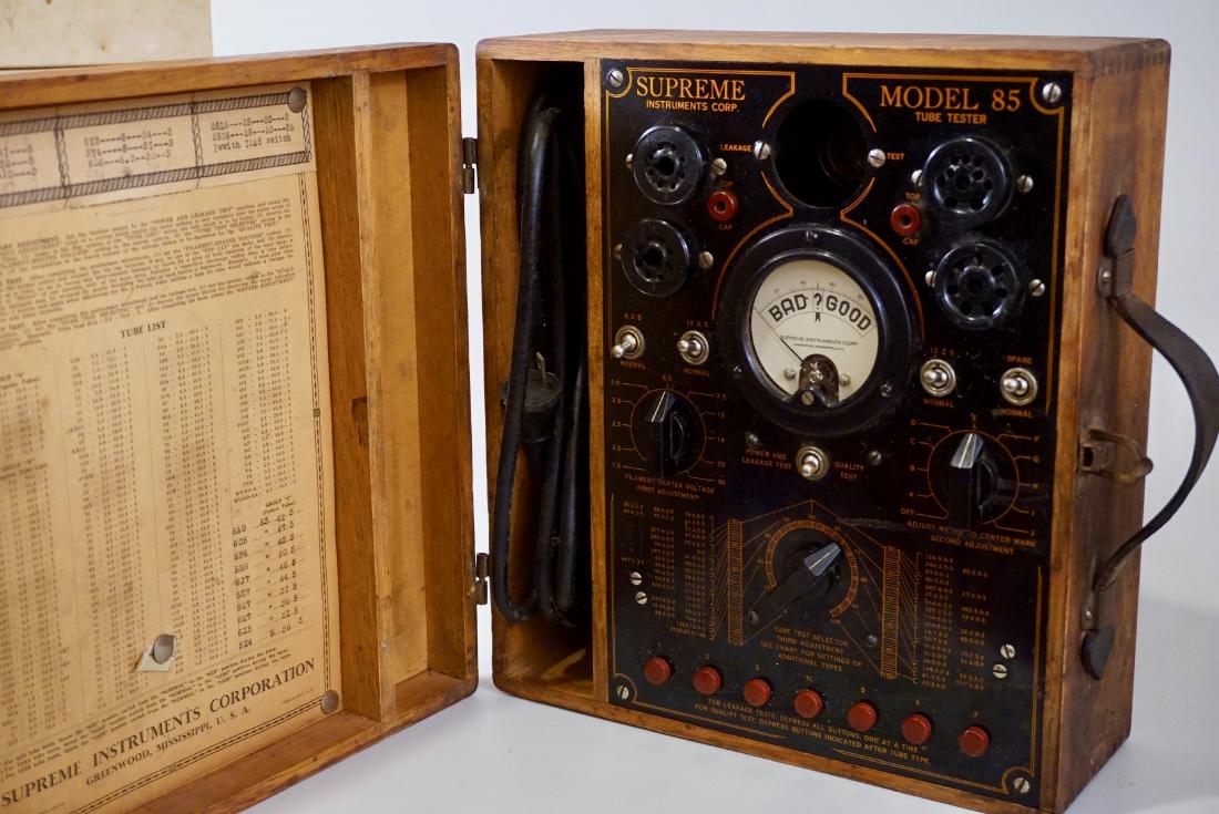 Vintage Radio Tube Tester Supreme Instruments Model 85: Vintage Radio Tube Tester Supreme Instruments Model 85 c1935 Greenwood Mississippi USA Approximately 5 1/4 x 12 5/16 x 11 3/16 inches.