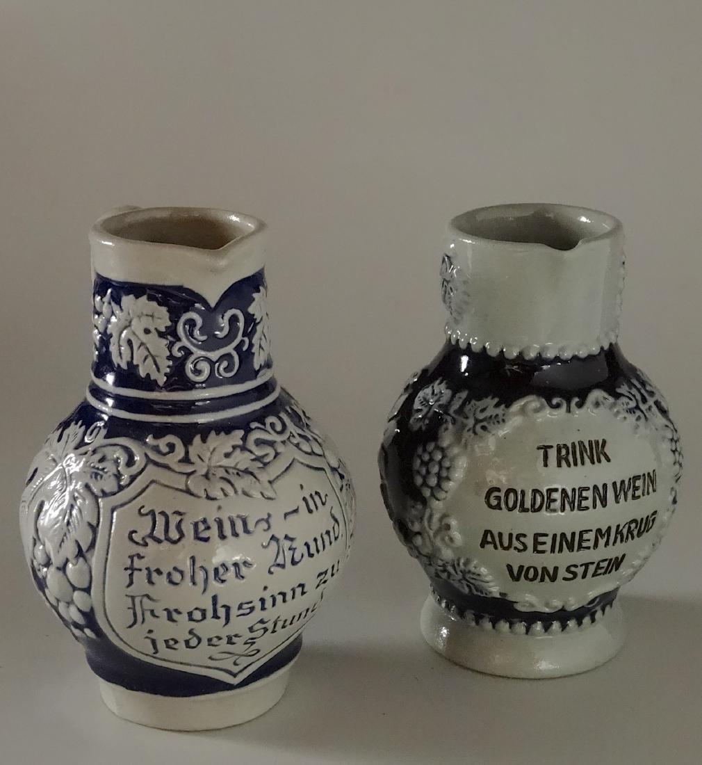 German Blue Majolica Stein Wine Pitcher Drinking Vessel: German Blue Majolica Stein Wine Pitcher Drinking Vessels Approximately 4 11/16 and 5 1/8 inches tall.