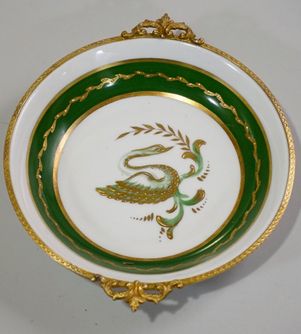 Limoges Paris Style Porcelain Swan Painted Bowl Ormolu: Limoges Paris Style Porcelain Embossed Swan Painted Bowl Ormolu Mounts Approximately 7 7/16 x 6 3/8 x 1 1/2 inches.