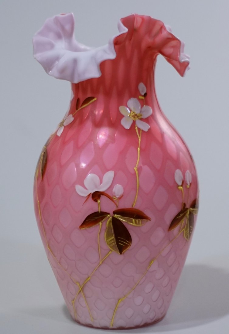 Diamond Quilted Cased Pink Satin Glass Enameled Vase: Diamond Quilted Cased Pink Satin Glass Enameled Vase Approximately 9 3/8 inches tall.
