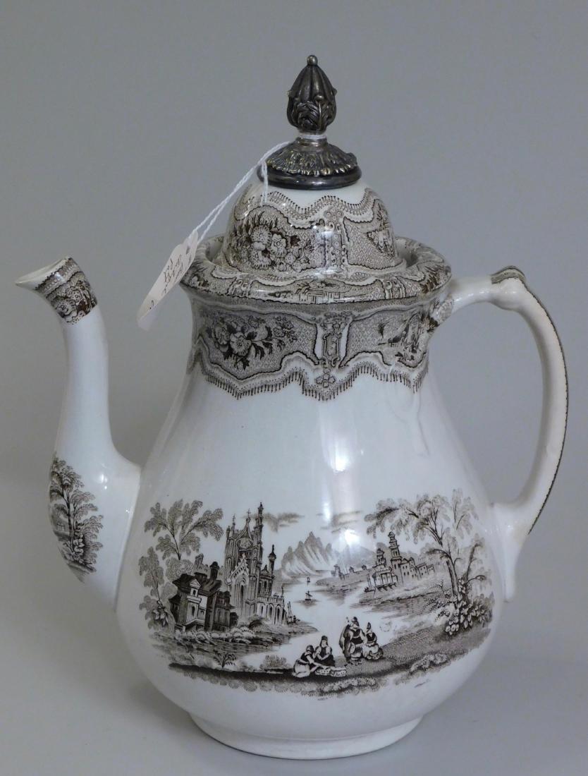 English Syria Transferware Coffee Pot Silver Topper: English Syria Transferware Coffee Pot Silver Topper 11 1/8 inches tall.
