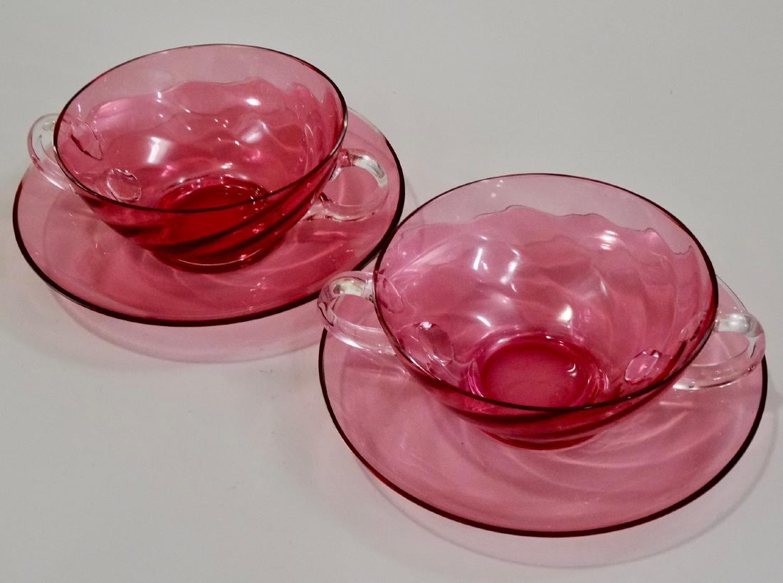 Cranberry Glass Two Handle Bowl Saucer Plate Set: Cranberry Glass Two Handle Bowl Saucer Plate Two Sets Bowls are 5 7/8 x 4 3/8 x 2 1/16 inches tall, plates are 6 inches in diameter.