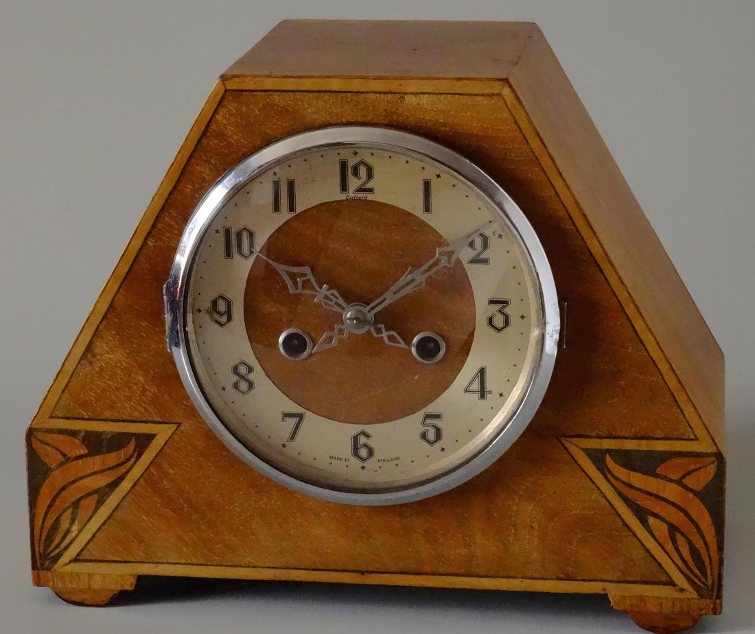 English Art Deco Inlaid Wood Shelf Mantel Clock: English Art Deco Inlaid Wood Shelf Mantel Clock Approximately 6 3/8 x 11 5/8 x 9 1/4 inches tall.