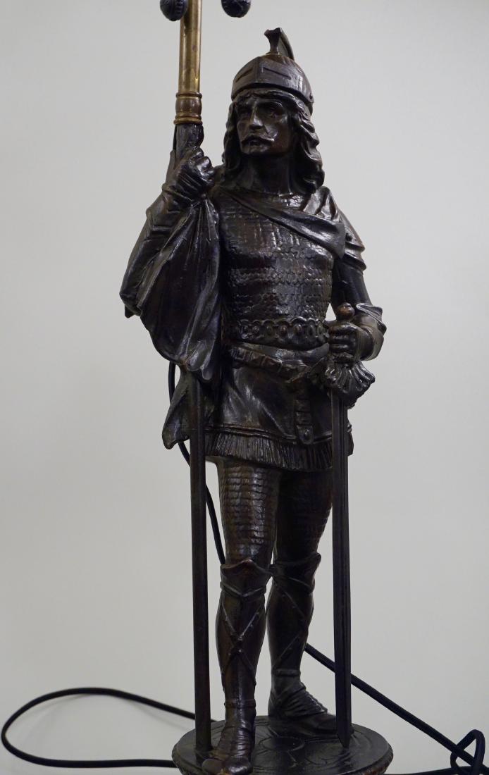 Figural Knight Newel Post Guard Warrior Antique Spelter: Figural Knight Newel Post Guard Warrior Antique Spelter Statue Mounted as a Lamp 29 inches tall (adjustable).