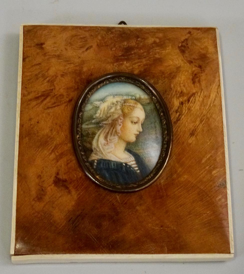 Antique Italian Miniature Madonna Lippi: Antique Italian Miniature Madonna Lippi Artist signed quality miniature portrait, detail after the 1465 Tempera on Wood painting Madonna with the Child and two Angels by 15th Century Renaissance Flore