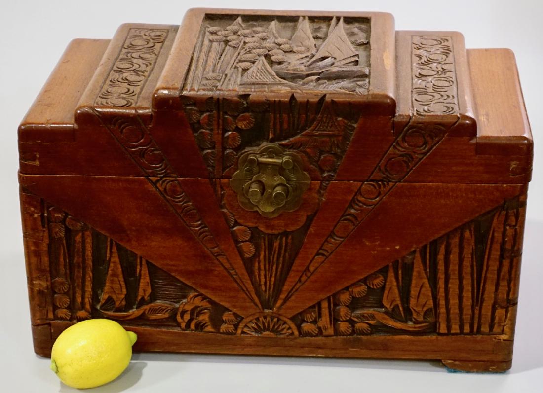Vintage Camphor Trunk Art Deco Period Chinese Carved: Vintage Camphor Trunk Art Deco Period Chinese Carved Cedar Jewelry Chest Box Overall dimensions: approximately 13 x 7 x 8 inches tall.