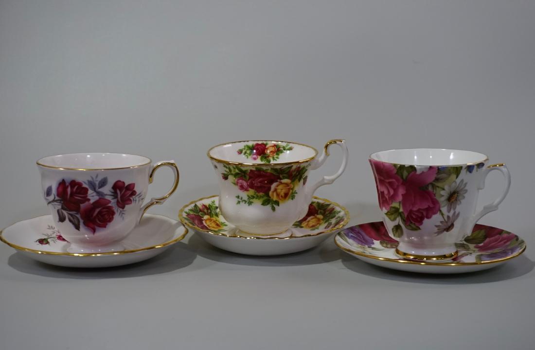 Bone China British Rose Tea Cups Saucers Royal Kent: Lot of 3 Bone China British Rose Tea Cups and Saucers Royal Kent Royal Albert Duchess Royal Kent Queen Anne pat.# 8621 cup is approximately 4 1/4 x 3 3/8 x 2 3/4 inches tall; saucer is about 5 9/16 in