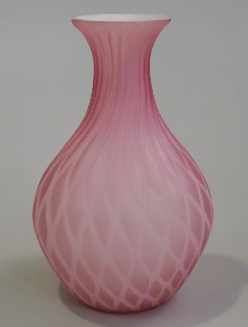 Victorian Pink Satin Art Glass Vase Diamond Quilted Cut: Victorian Pink Satin Art Glass Vase Diamond Quilted Cut Velvet Approximately 6 11/16 inches tall.