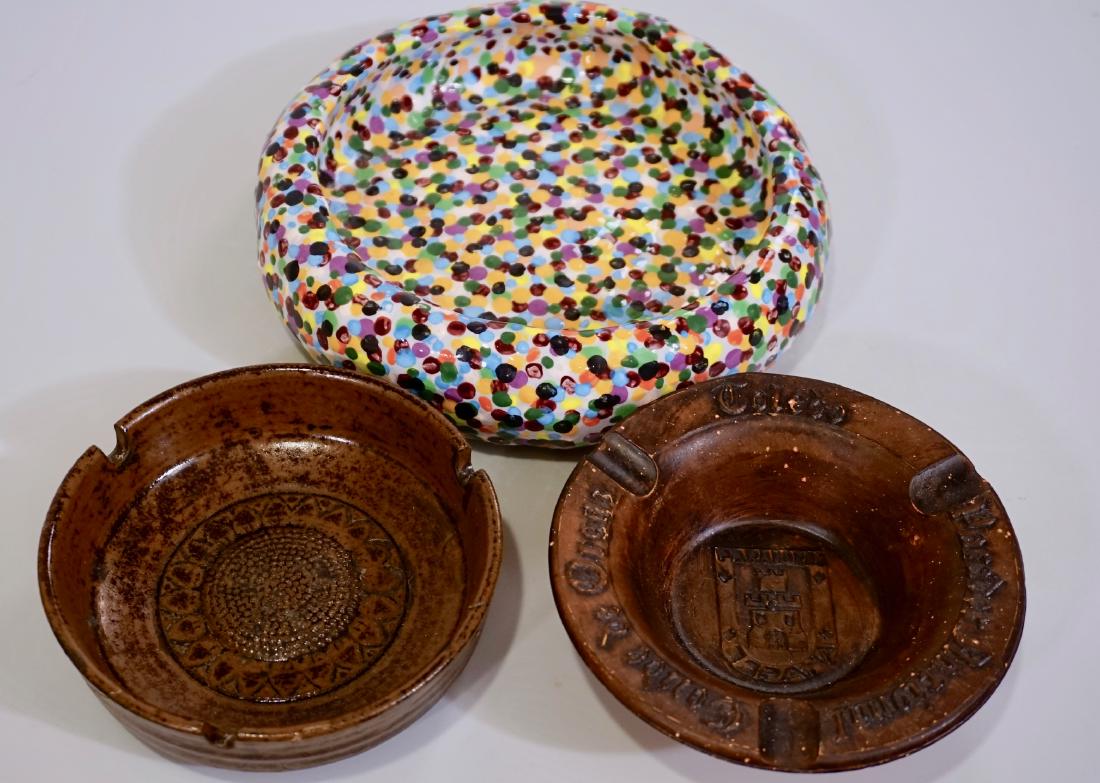 Vintage Lot Tobacciana Ceramic Ashtray including Toledo: Vintage Lot Tobacciana Ceramic Ashtray including Toledo and hand painted Mid-Century Approximately 5; 4 7/8 and 7 9/16 inches in diameter.