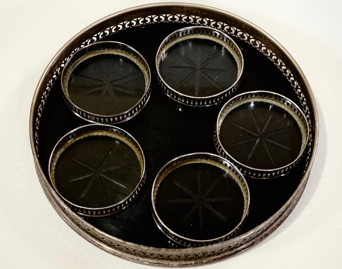 Vintage Formica Gallery Tray Cut Glass Coaster Set: Vintage Formica Gallery Tray Cut Glass Coaster Set Tray is approximately 10 inches in diameter; coasters are 3 3/8 inches in diameter.