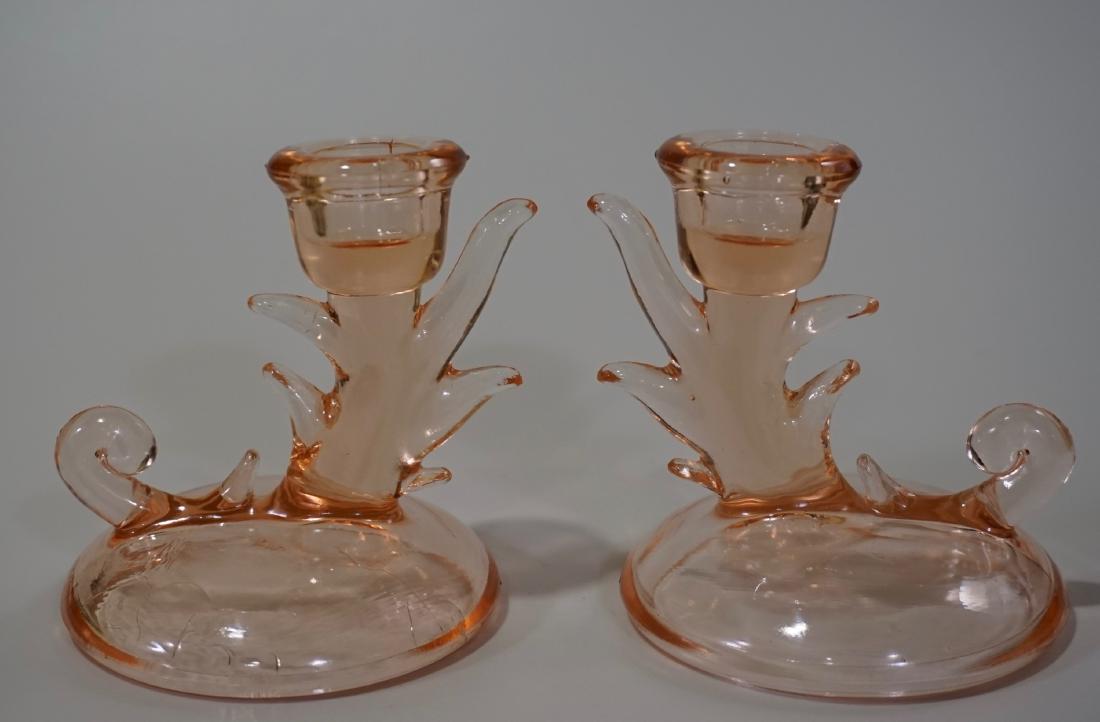 Pair Pink Depression Glass Candleholders: Pair Pink Depression Glass Candleholders Approximately 4 5/16 inches tall on 3 7/8 inches in diameter base.