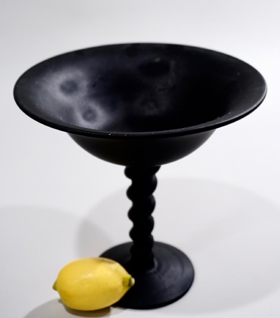 Tiffin Ebony Black Satin Glass Compote on Twisted Stem: Tiffin Ebony Black Satin Glass Compote on Twisted Stem Approximately 7 inches tall x 7 3/8 inches in diameter.