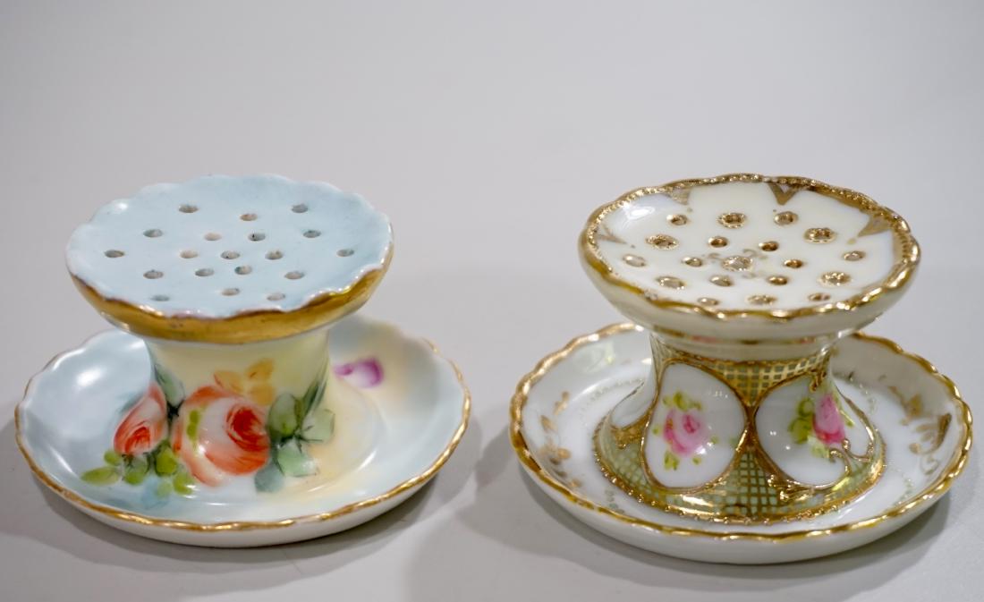 Antique Vanity Hat Pin Holders Lot of 2 Hand Painted: Antique Vanity Hat Pin Holders Lot of 2 Hand Painted Signed Approximately 1 3/8 inches tall x 2 7/8 in diameter.