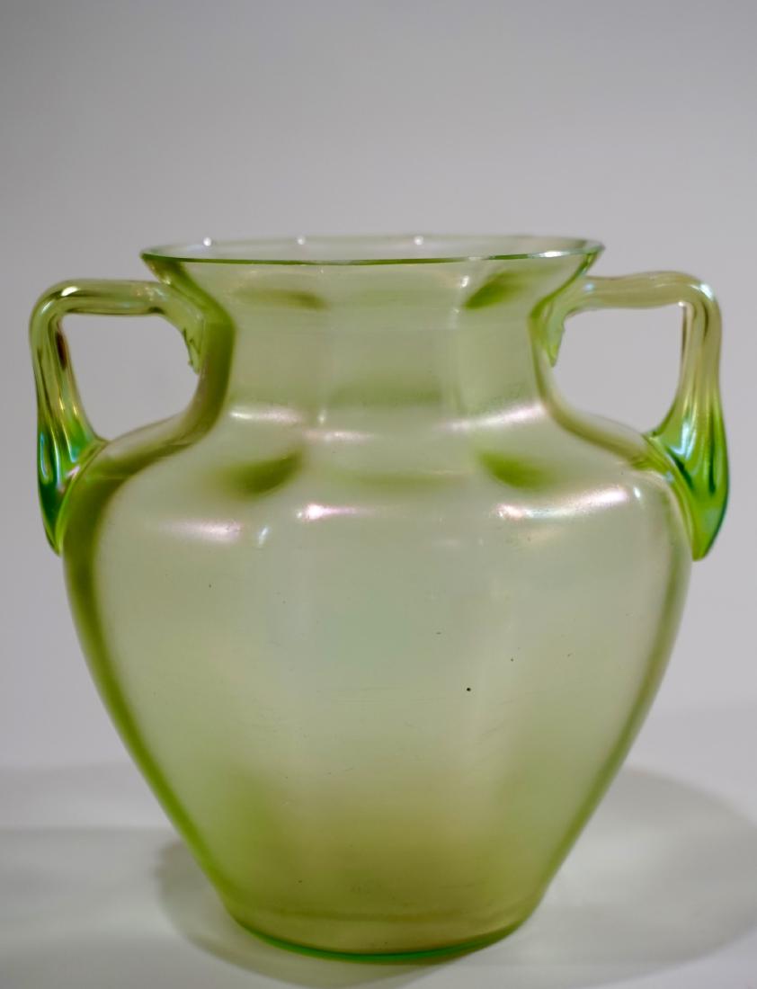 Green Iridescent Antique Art Glass Vase Polished Pontil: Green Iridescent Antique Art Glass Vase Polished Pontil c1900 Approximately 5 inches in diameter.