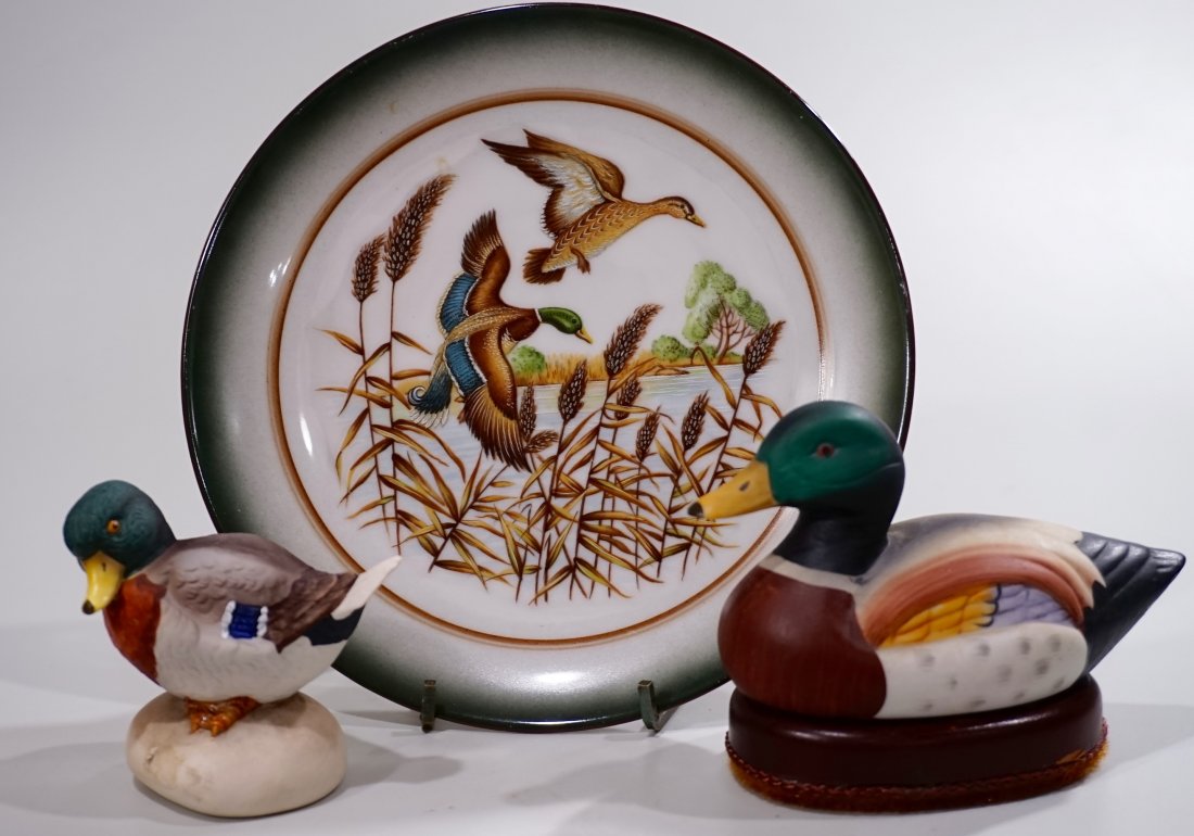 German Mallard Duck Collection Including Goebel: German Mallard Duck Collection Including Goebel Plate is approximately 7 9/16 inches in diameter; ducks are about 3 1/16 and 3 7/16 inches tall.