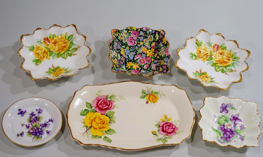 Roses Violets Floral China Small Dishes Rosettes Mostly: Roses Violets Floral China Small Dishes Rosettes Mostly English Lot of 6 Smaller dish is approximately 3 5/8 inches in diameter; larger tray is about 8 x 5 1/8 inches.