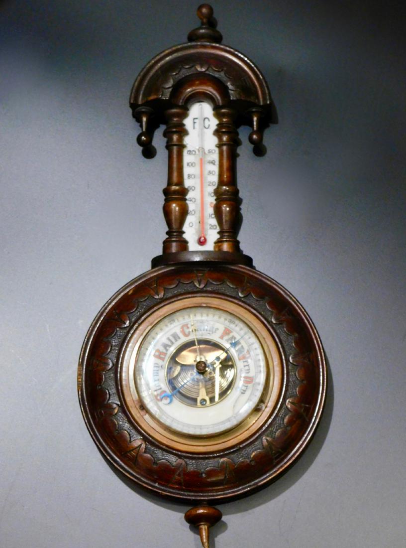 Antique Carved Walnut Barometer Thermometer Porcelain: Antique Carved Walnut Barometer Thermometer Porcelain Dial and Thermometer's Scale are Damaged Approximately 17 x 7 3/16 inches; barometer's dial is about 3 1/2 inches in diameter.