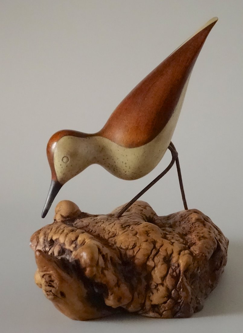 Mid Century Modern Art Minimalist Statue Shore Bird Woo: Mid Century Modern Art Minimalist Statue Shore Bird Wood Carved Artist Signed Decoy Small Approximately 7 3/4 x 5 5 /16 x 7 5 /16 inches tall.