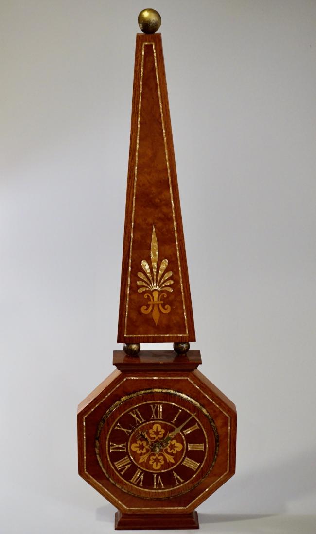 Italian Mid Century Marquetry Inlay Obelisk Wood Shelf: Italian Mid Century Marquetry Inlay Obelisk Wood Shelf Wall Clock Approximately 30 x 9 5/16 x 1 5/8 inches.