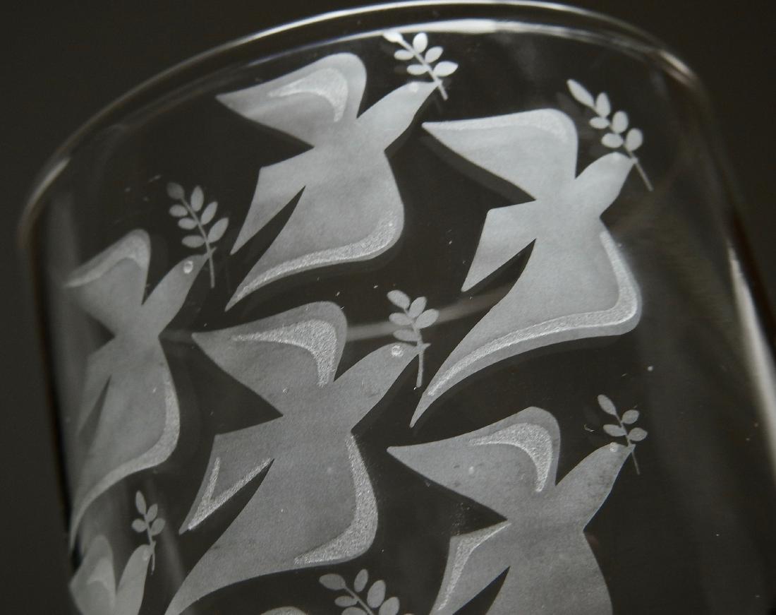 Etched Glass Whiskey Set of 4 Glasses Dove Angel: Set of 4 whiskey glasses with etched design, which for some people looks like a host of angels holding a laurel in their hands or a flock of doves with an olive brunch. Approximately 3 7/16 inches tal