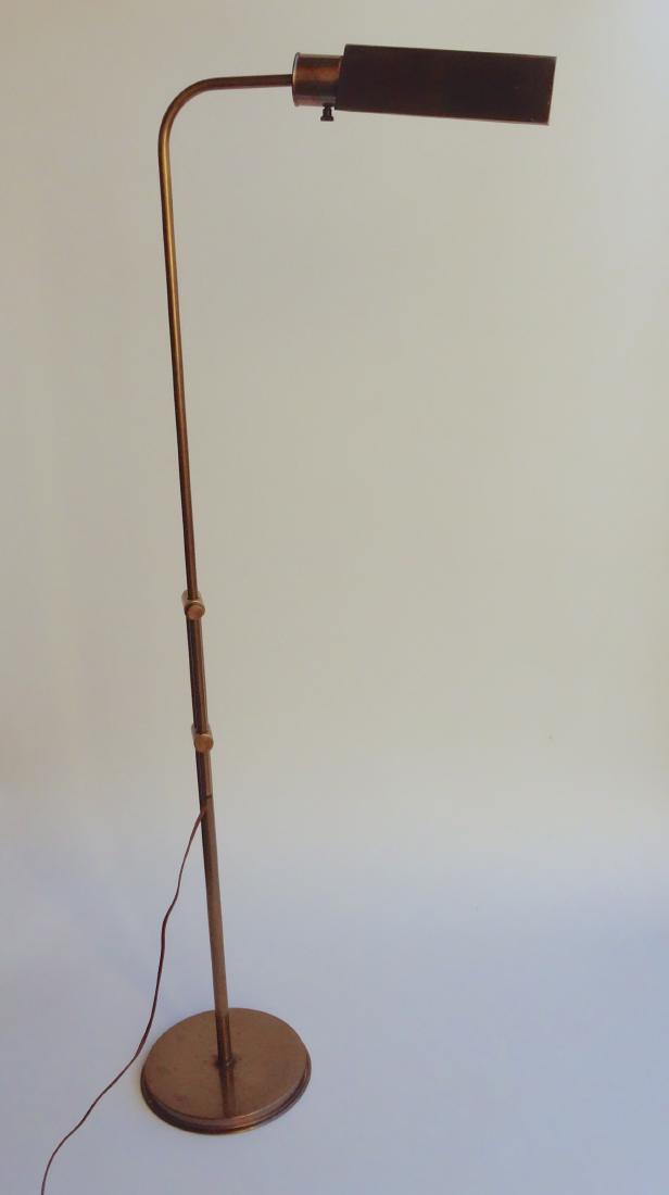 Frederick Cooper Mid Century Reading Lamp Dimmer: Frederick Cooper Mid Century Reading Lamp Dimmer Adjustable Vintage Patina Brass Pharmacy style brass floor lamp with triangular shade by Frederick Cooper, original label, dimmer on / fading /off. Adj