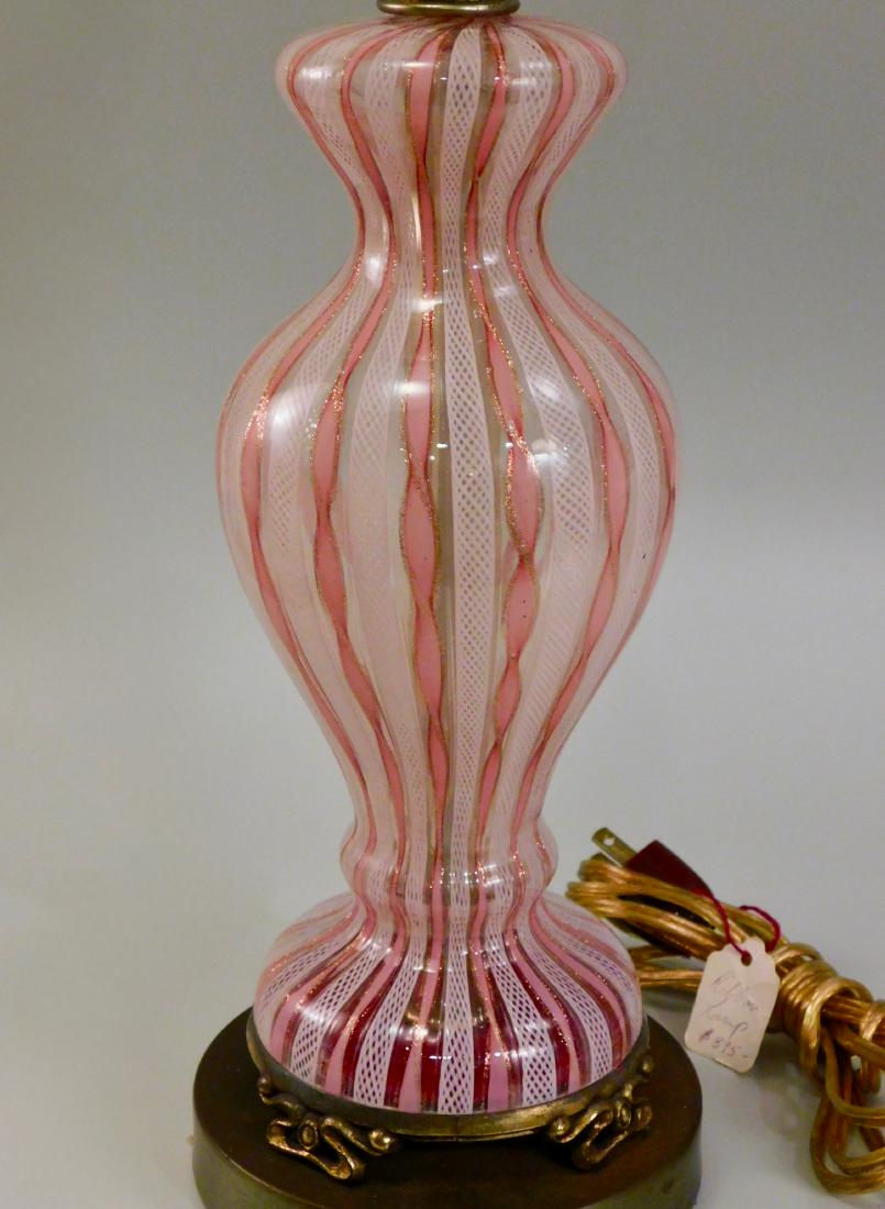 Vintage Italian Murano Glass Latticino Vase Table Lamp: Vintage Italian Murano Glass Latticino Vase Table Lamp Avventurina Gold Specks Brass Base Glass vase alone 9 7/8 inches tall; up to socket 15 9/16 inches tall; 22 inches overall; on the base 5 5/16 in