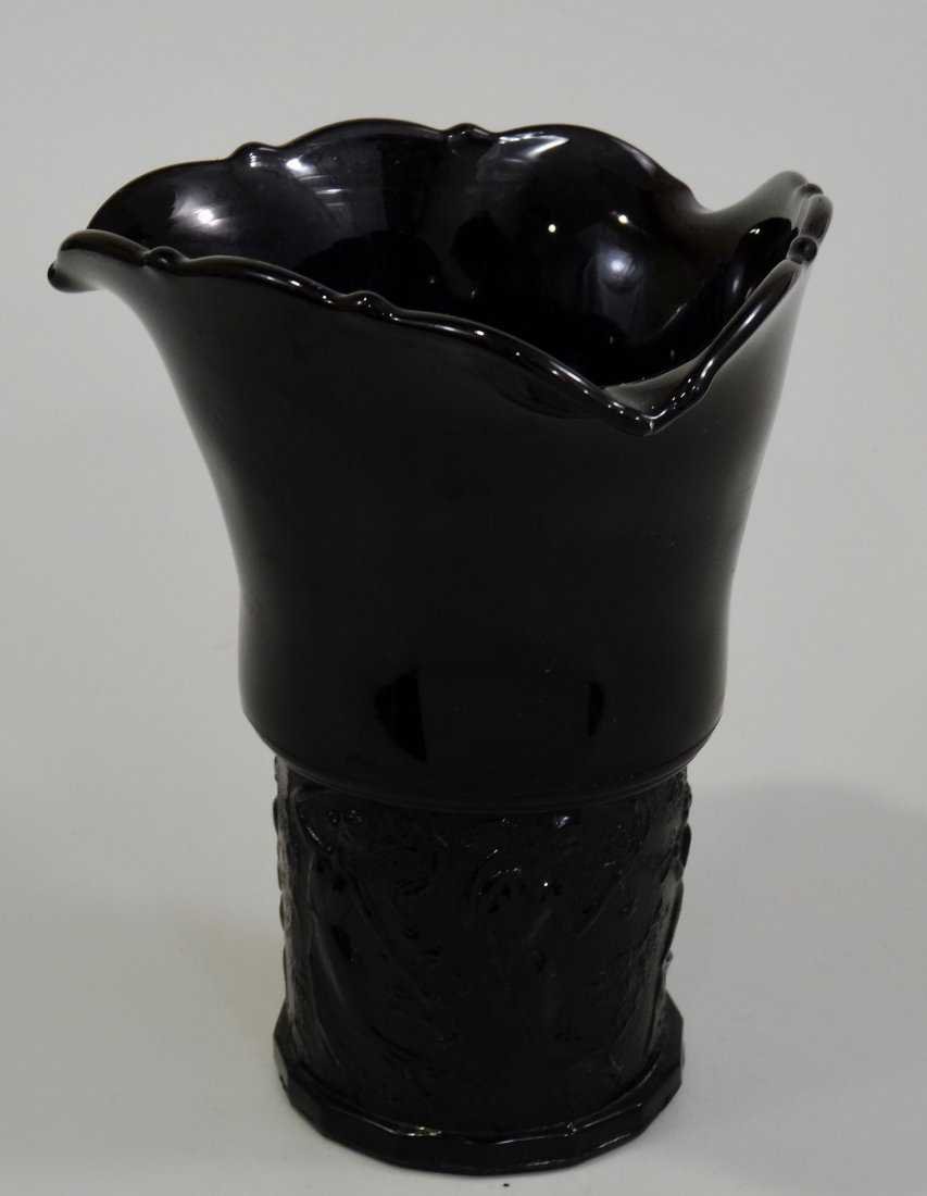 Art Deco Black Glass Vase Antique Dance Pan Maidens LE: Art Deco Black Glass Vase Antique Dance Pan Maidens LE Smith Black Amethyst Glass c1930 Approximately 6 11/16 inches tall.
