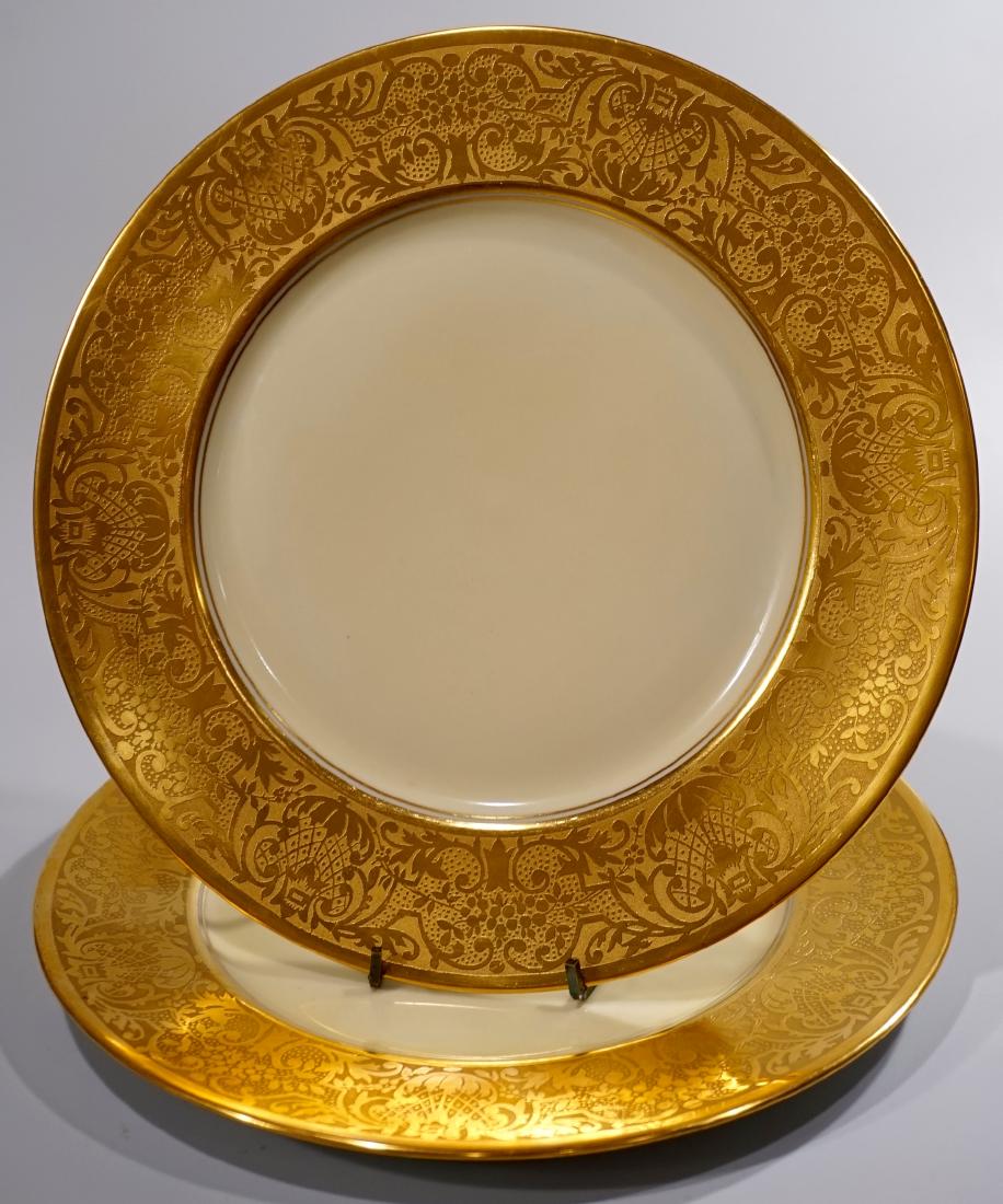 Signed Heinrich & Co. Selb Bavaria Pickard 22k Gold: Signed Heinrich & Co. Selb Bavaria Pickard 22k Gold Encrusted Etched Rim Charger Pair Both plates are signed underglaze. Approximately 10 13/16 inches in diameter.