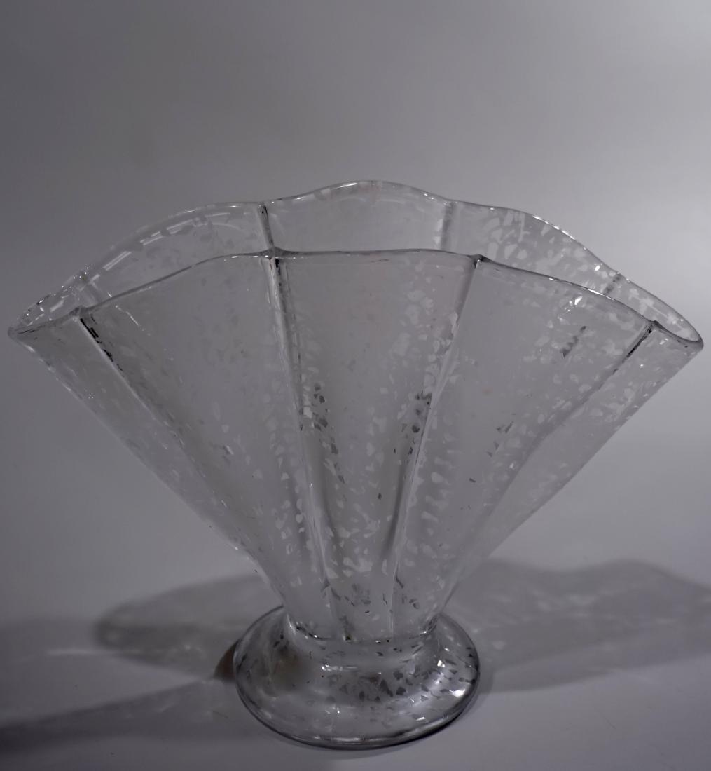 Vintage Art Deco Etched Lace Glass Fan Shaped Flower: Vintage Art Deco Etched Lace Glass Fan Shaped Flower Vase Approximately 10 3/8 x 3 1/4 x 8 1/8 inches tall.