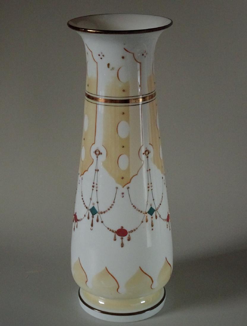 Antique Renaissance Revival Bristol Painted Vase: Antique Renaissance Revival Bristol Glass Painted Jeweled Pearl Lustre Lamp Base Tall Vase Approximately 13 3/4 inches tall; base is 4 3/8 inches in diameter.