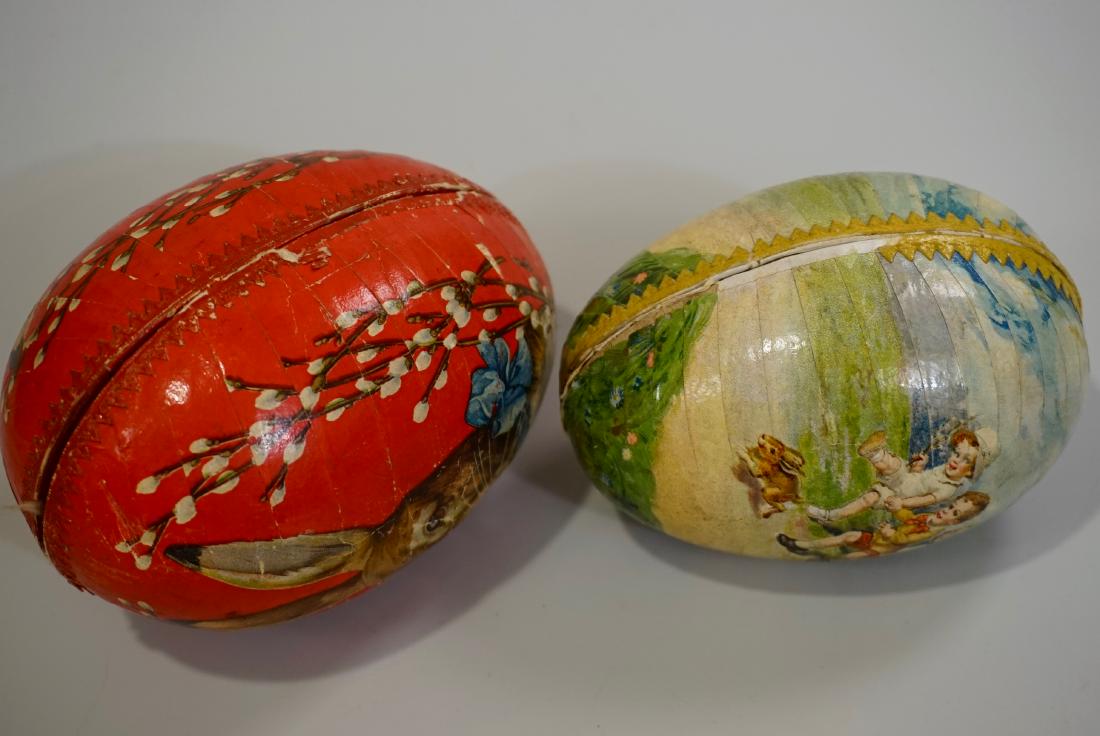 Vintage German Easter Egg Paper Mache Candy Container: Vintage German Easter Egg Paper Mache Candy Container Lot of 2 Oster Hase Approximately 5 x 3 3/8 inches and 4 5/16 x 3 1/16 inches.