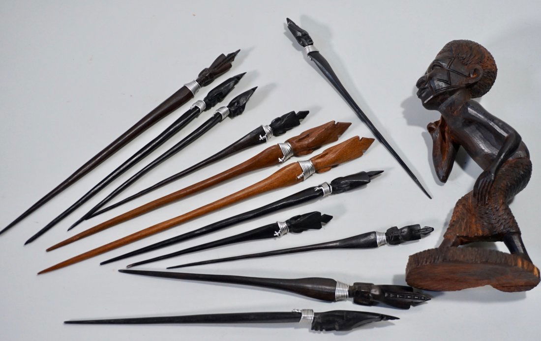 African Carved Figurine Pin Holder & Ebony Wood: African Carved Figurine Pin Holder & Ebony Wood Hairpins Lot From 4 3/4 to 8 1/2 inches approximately, figurine is about 6 5/16 inches tall.