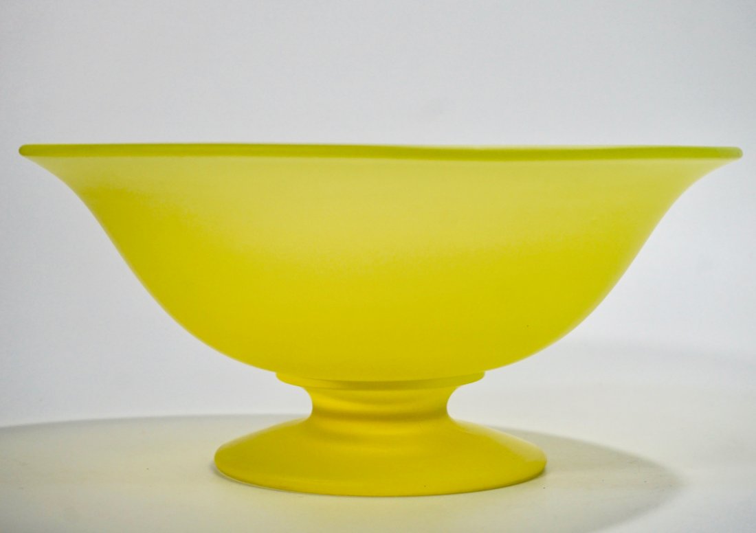 Tiffin Satin Glass Frosted Canary Yellow Compote Footed: Tiffin Satin Glass Frosted Canary Yellow Compote Footed Bowl Approximately 10 7/16 inches in diameter x 4 13/16 inches tall.