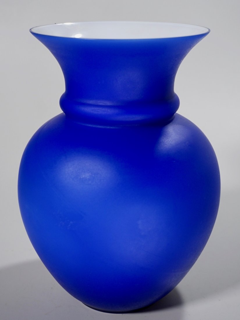 Blue Cased Satin Glass Vase: Blue Cased Satin Glass Vase Approximately 5 1/4 inches in diameter x 8 3/16 inches tall.